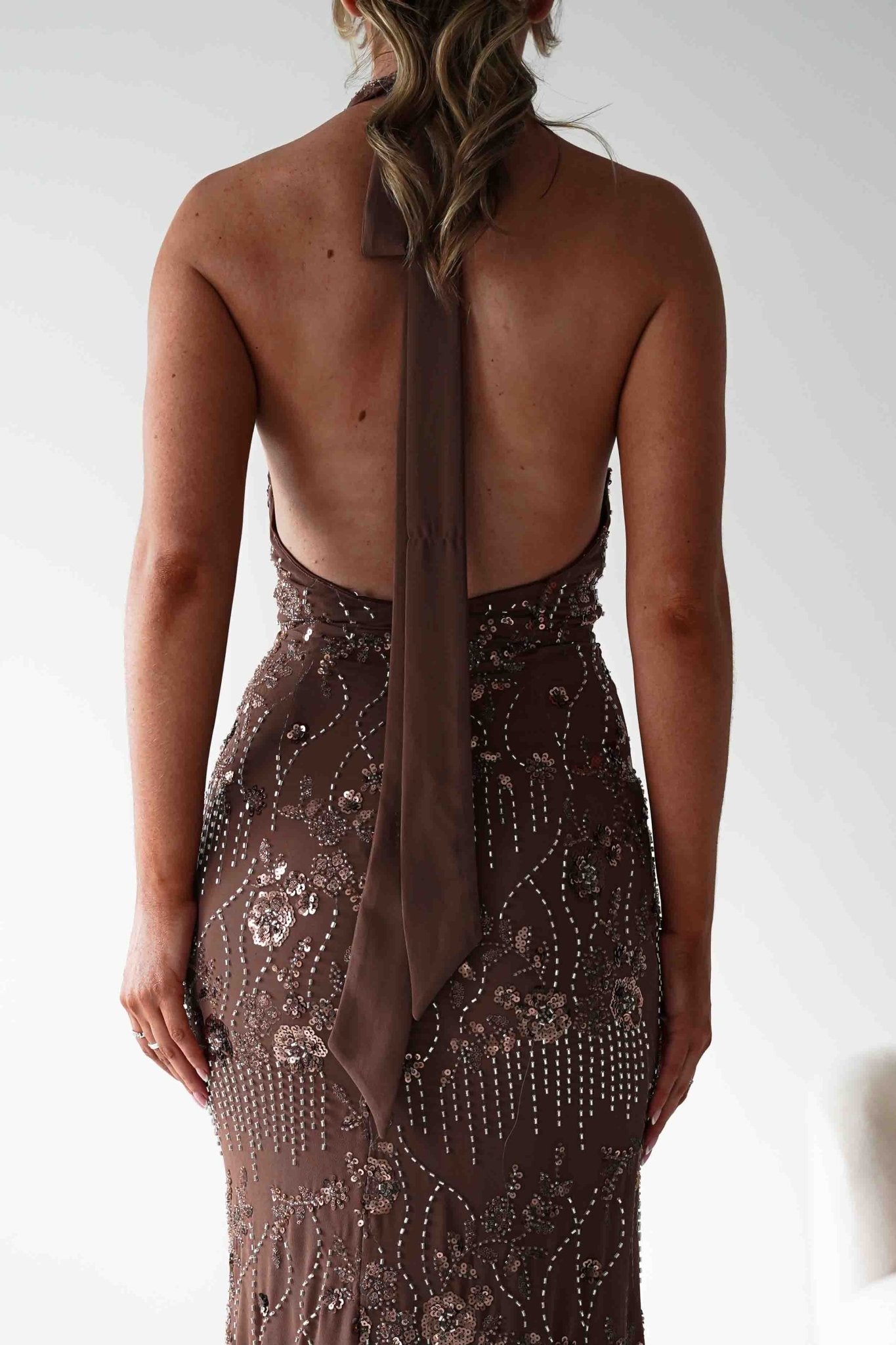 Sabrina Beaded Halterneck Maxi Dress Brown | Wedding Guest Dress | Halter Neck | Maxi | Oh Hello Clothing