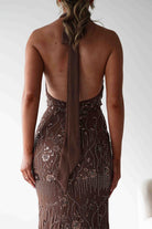 Sabrina Beaded Halterneck Maxi Dress Brown | Wedding Guest Dress | Halter Neck | Maxi | Oh Hello Clothing