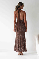 Sabrina Beaded Halterneck Maxi Dress Brown | Wedding Guest Dress | Halter Neck | Maxi | Oh Hello Clothing
