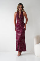 Oh Hello Clothing Dresses Sabrina Beaded Halterneck Maxi Dress | Wine