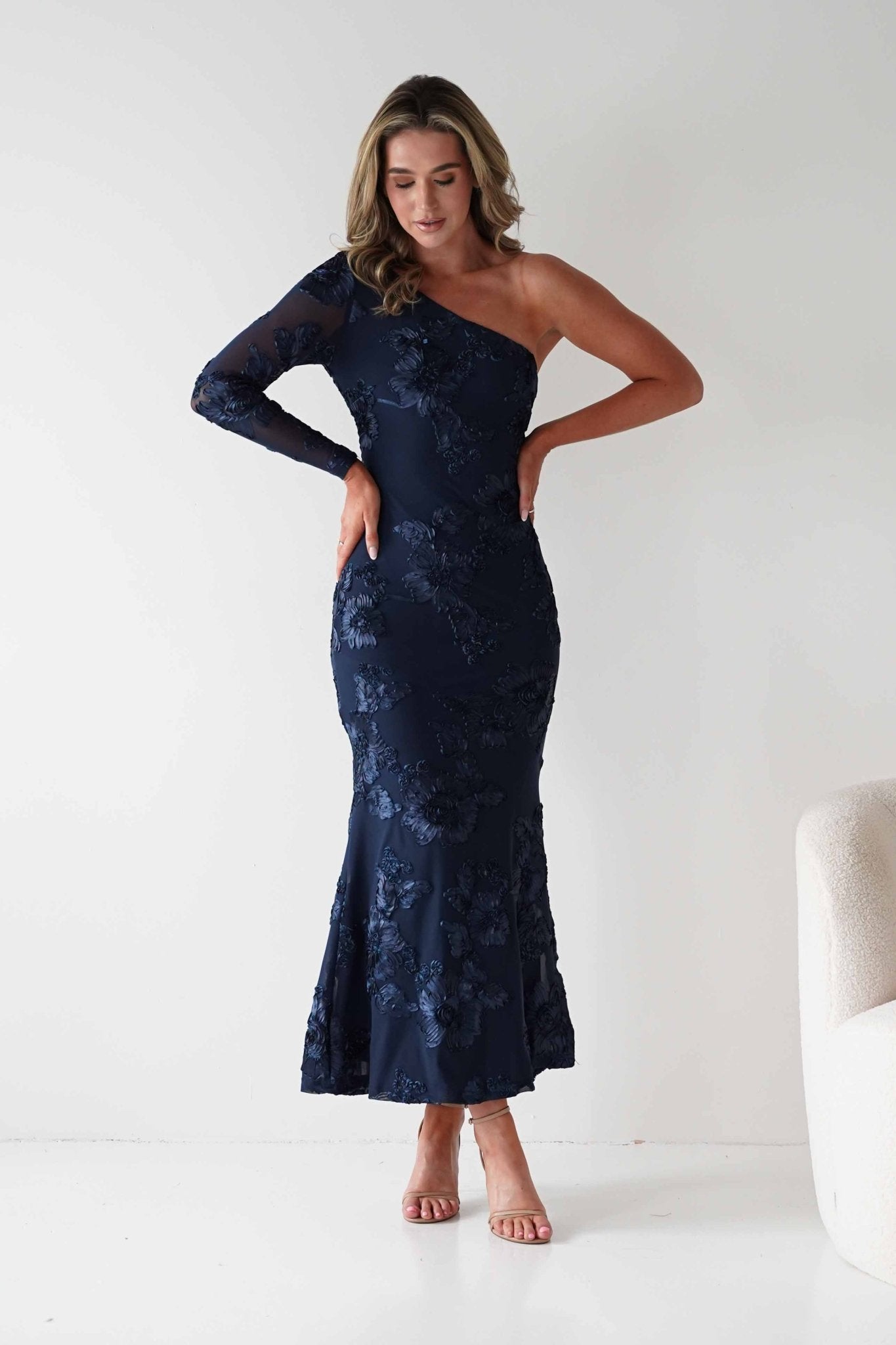 Saphira One Sleeve Maxi Dress Navy Textured | Wedding Guest Dress | One Shoulder | Maxi | Oh Hello Clothing