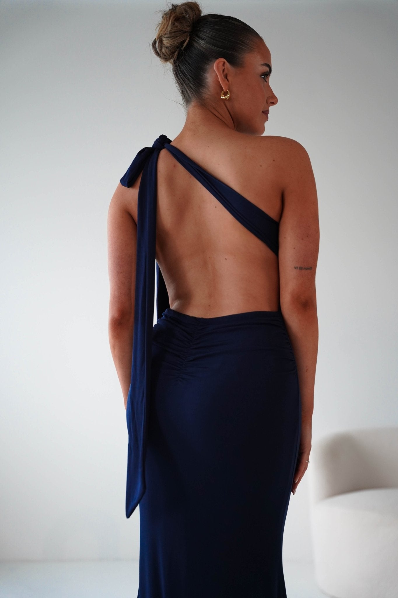 Oh Hello Clothing Wedding Guest Dresses Seraphine Backless Tie Bodycon Maxi Gown | Navy