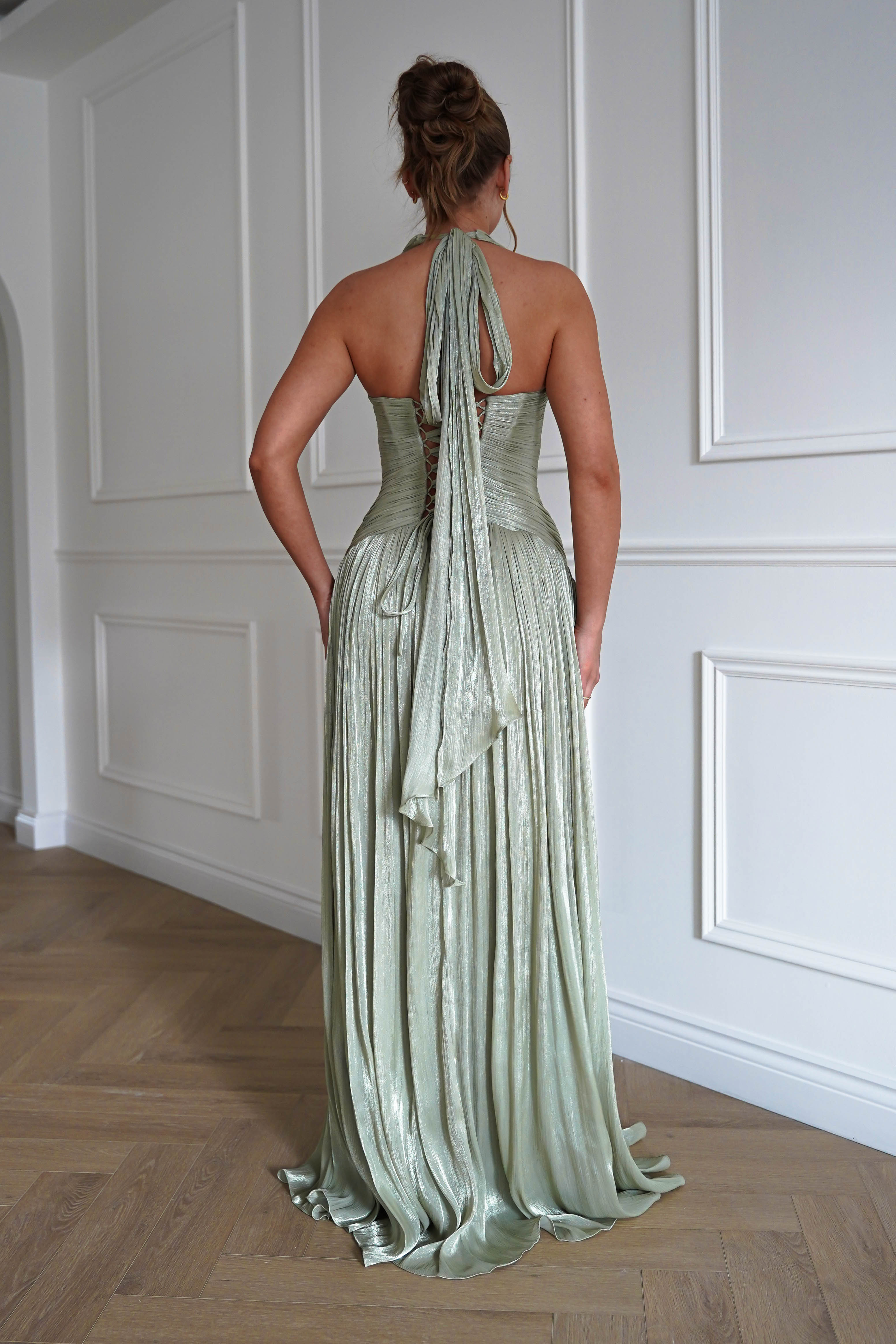 Oh Hello Clothing Dresses > Prom Dresses Sharelle Pleated Luminescent Maxi Gown | Sage