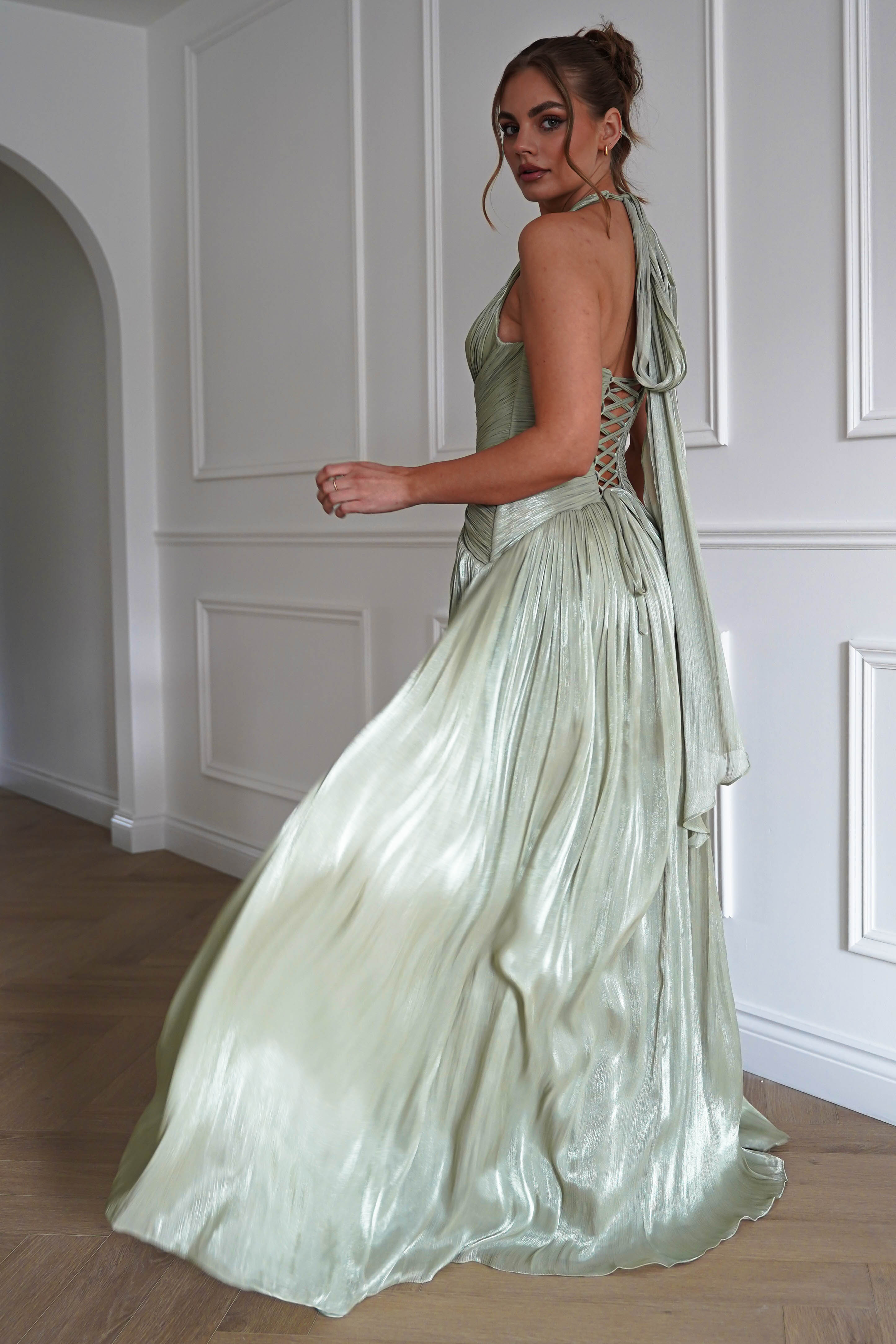 Oh Hello Clothing Dresses > Prom Dresses Sharelle Pleated Luminescent Maxi Gown | Sage