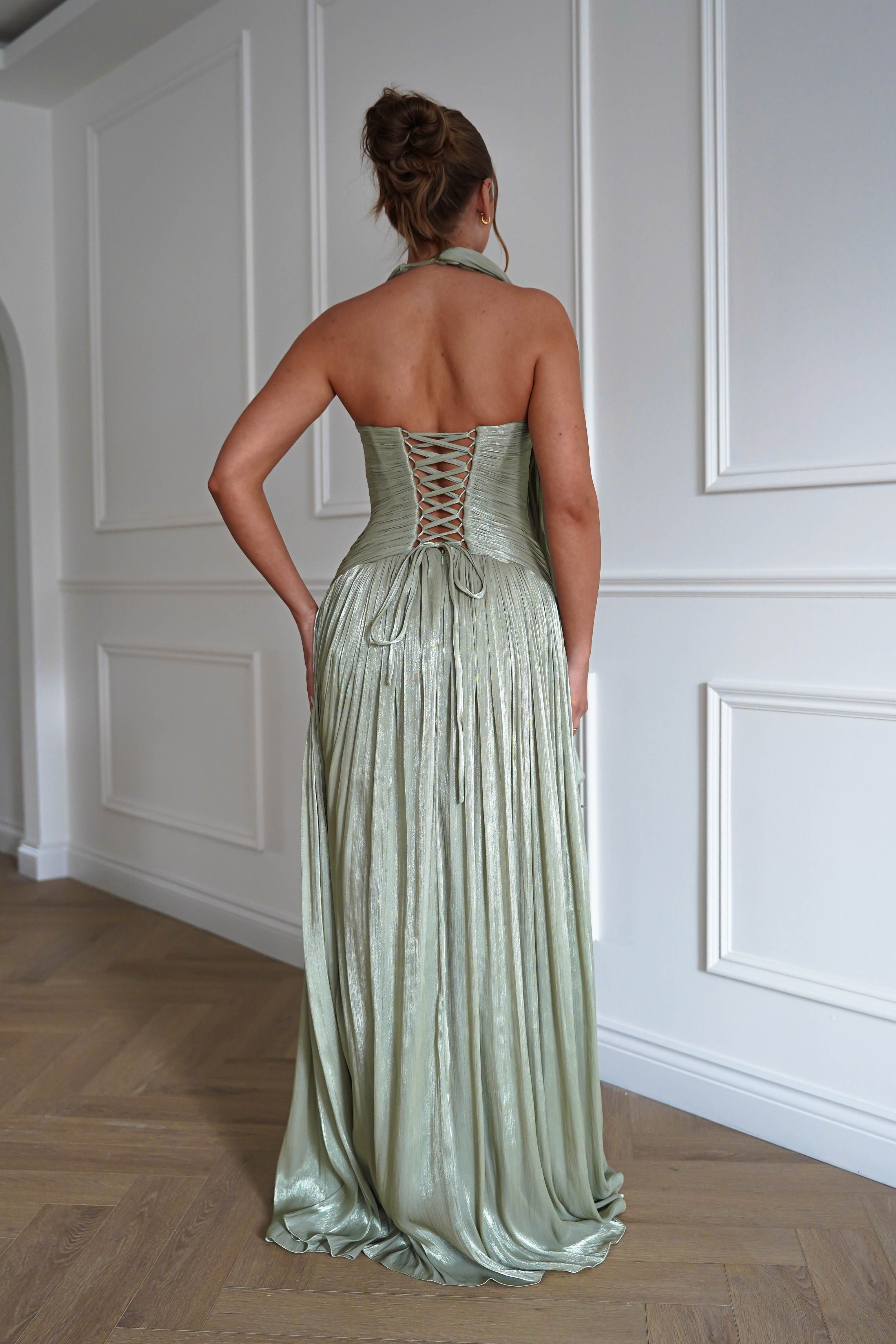 Oh Hello Clothing Dresses > Prom Dresses Sharelle Pleated Luminescent Maxi Gown | Sage