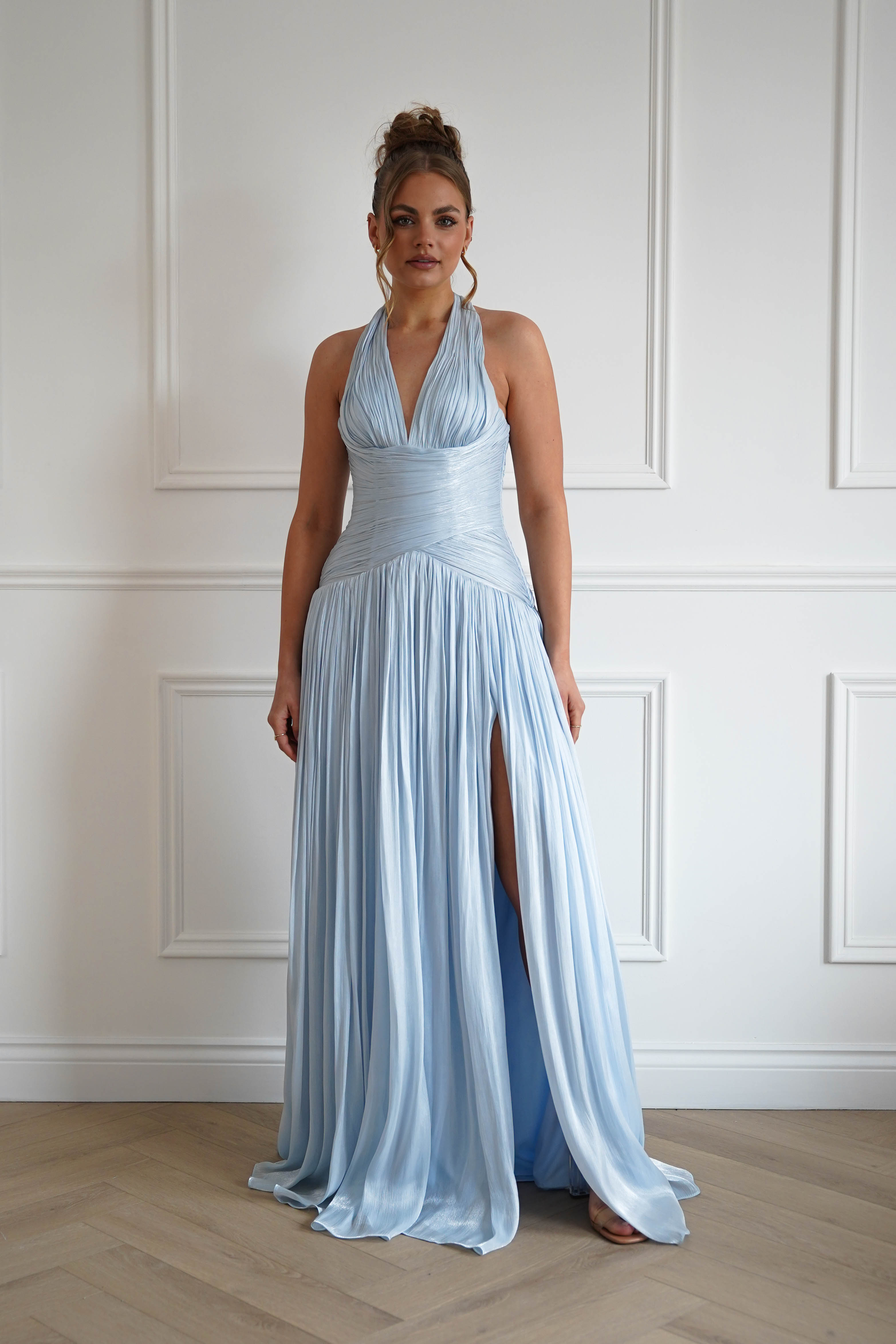 Oh Hello Clothing Dresses > Prom Dresses Sharelle Pleated Luminescent Maxi Gown | Sky Blue