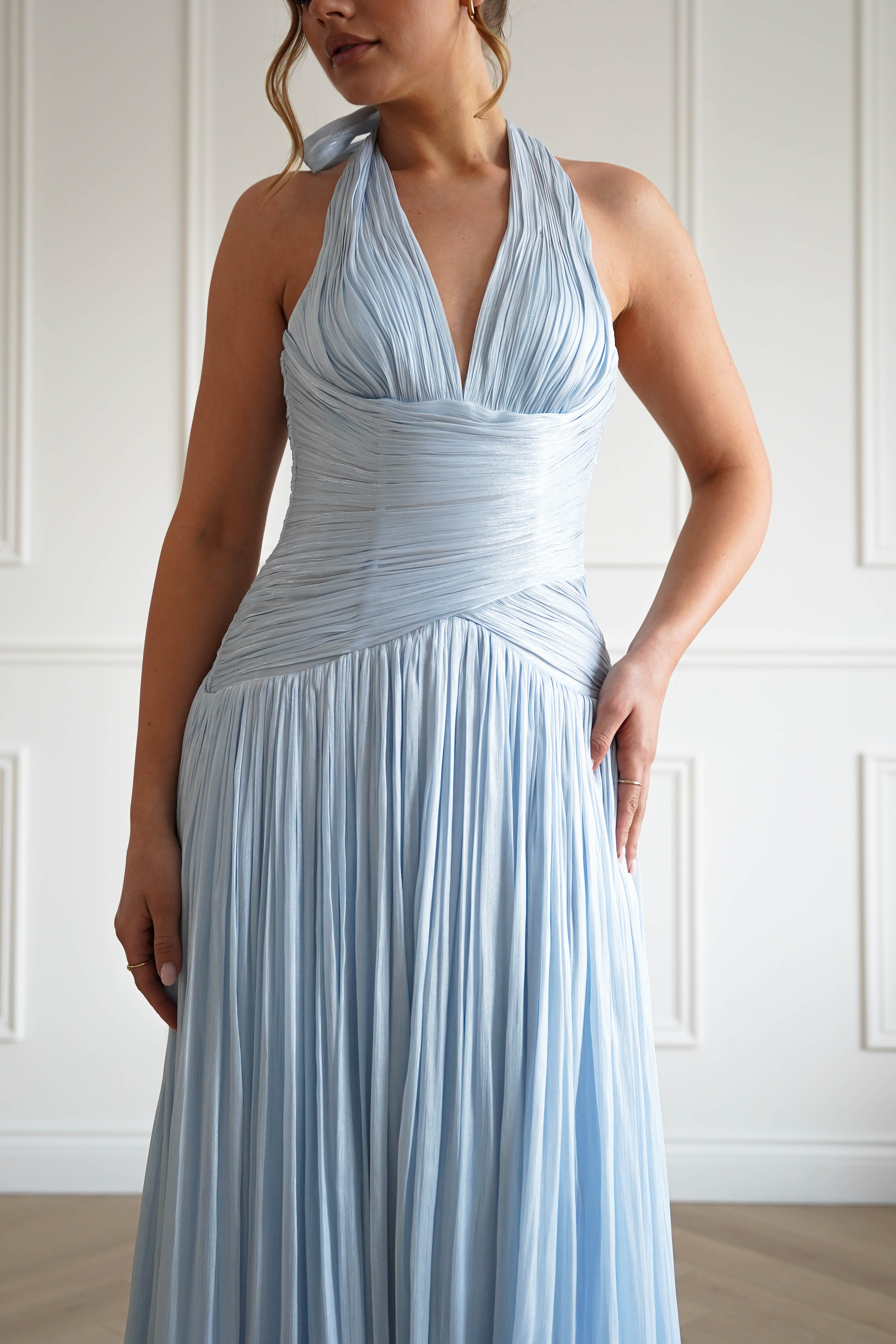 Oh Hello Clothing Dresses > Prom Dresses Sharelle Pleated Luminescent Maxi Gown | Sky Blue