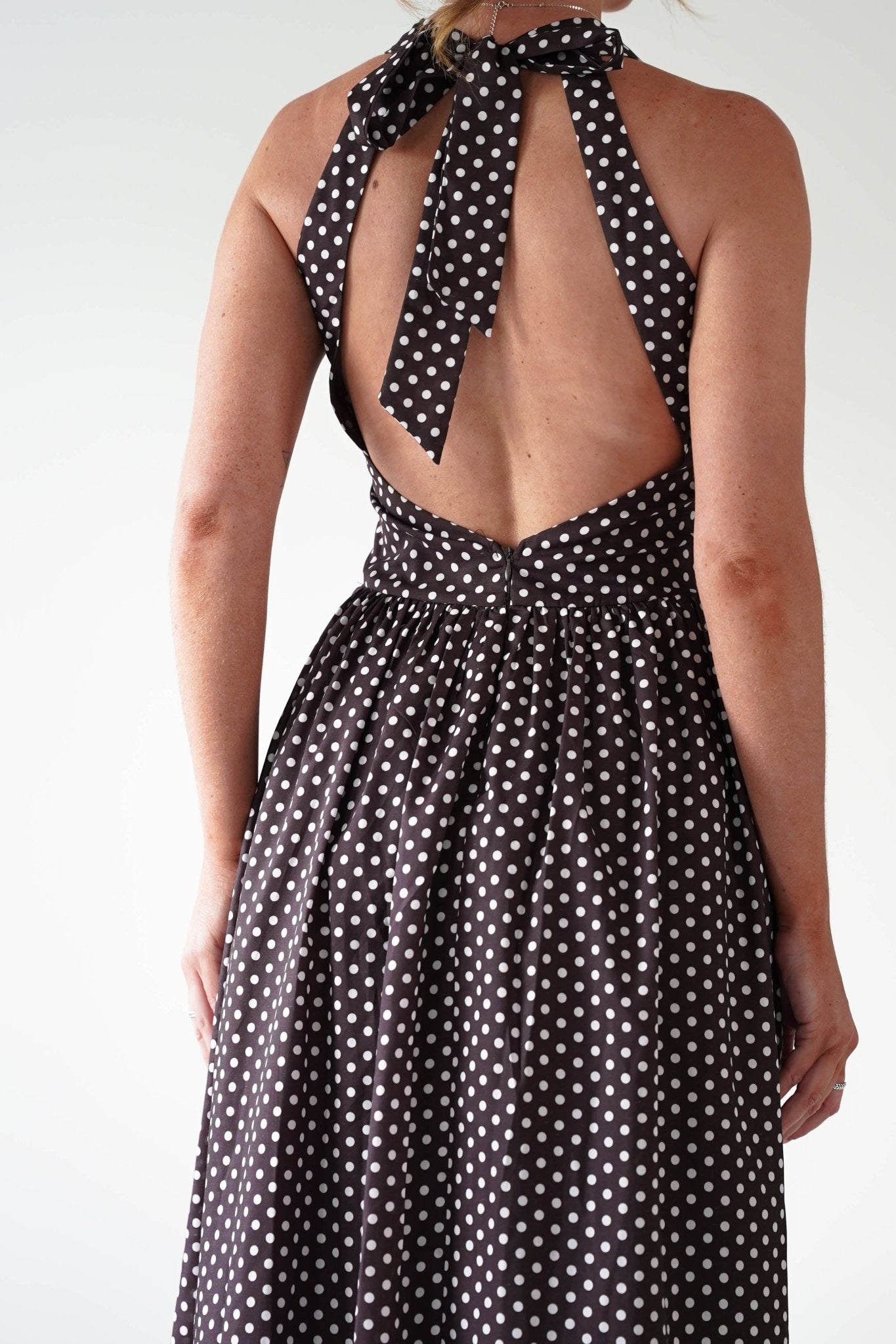 Sivana Polka Dot Skater Maxi Dress Brown | Wedding Guest Dress | Maxi | Skater | Oh Hello Clothing