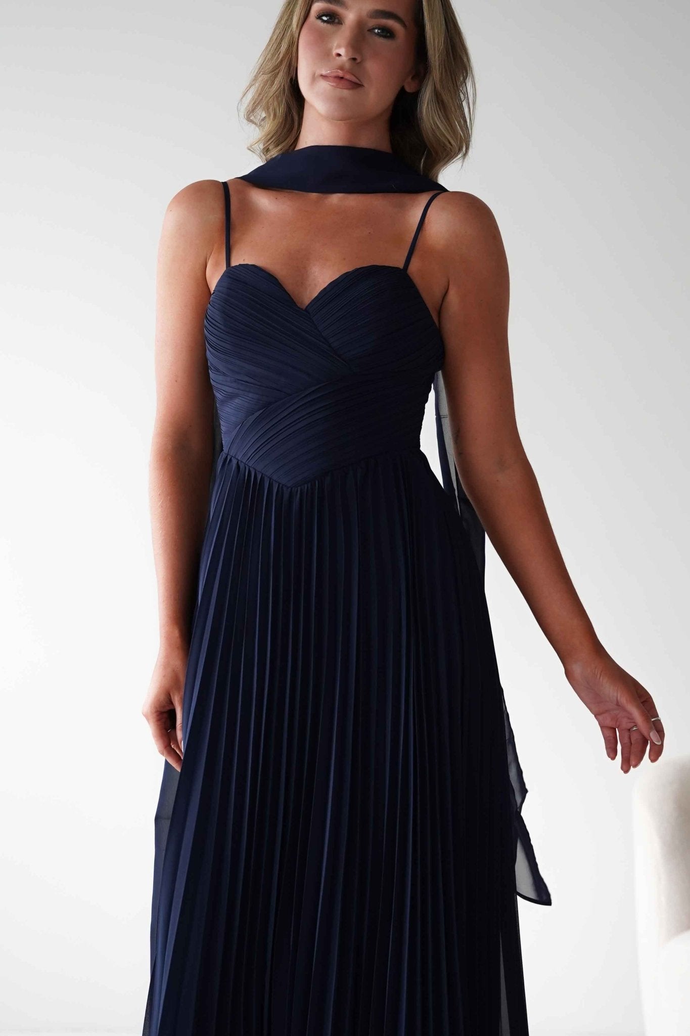 Sonia Pleated Scarf detail Maxi Dress Navy | Wedding Guest Dress | Pleated Skirt | Maxi | Oh Hello Clothing