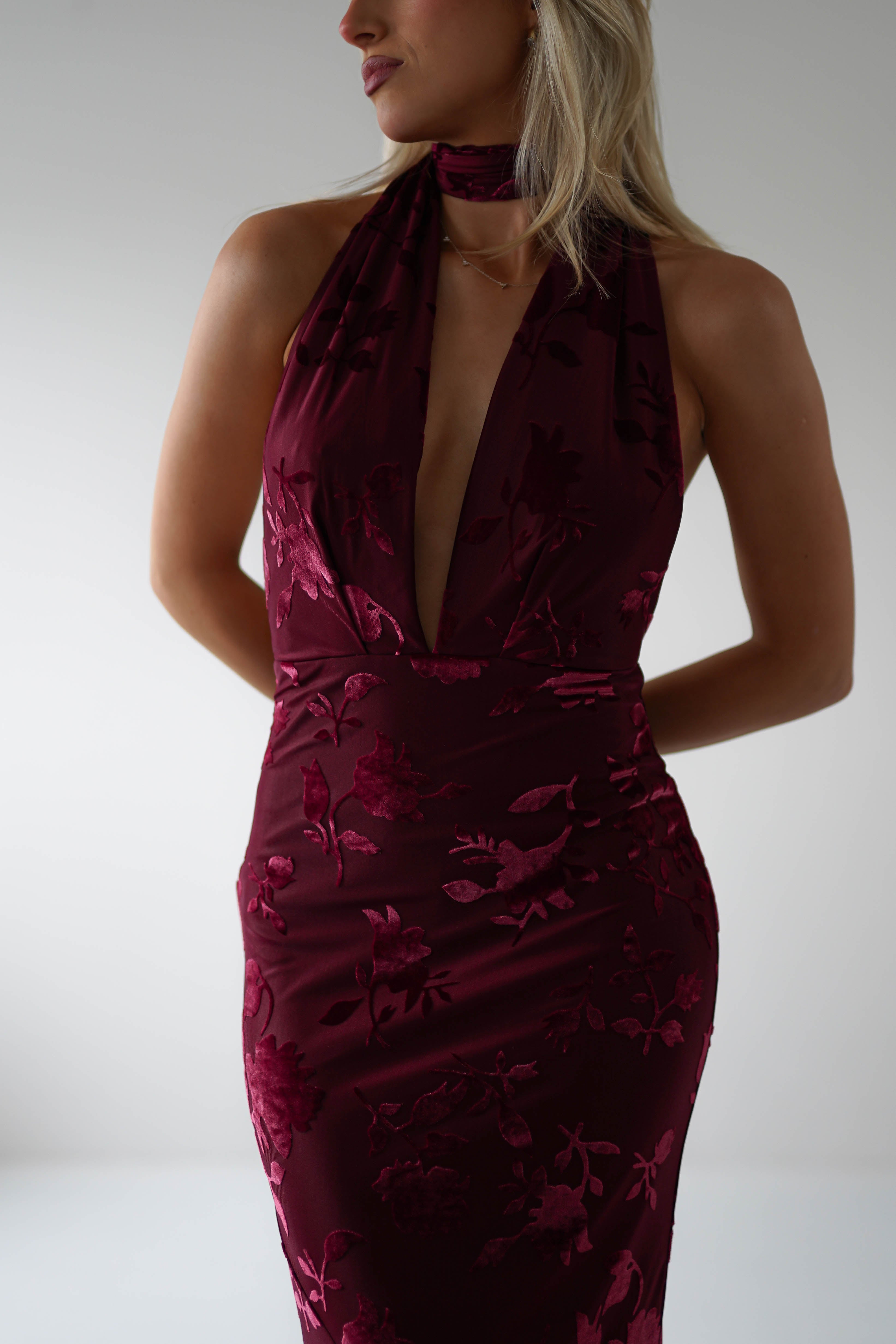 Tara Floral Jacquard Maxi Dress Wine | Wedding Guest Dress | Maxi | Oh Hello Clothing