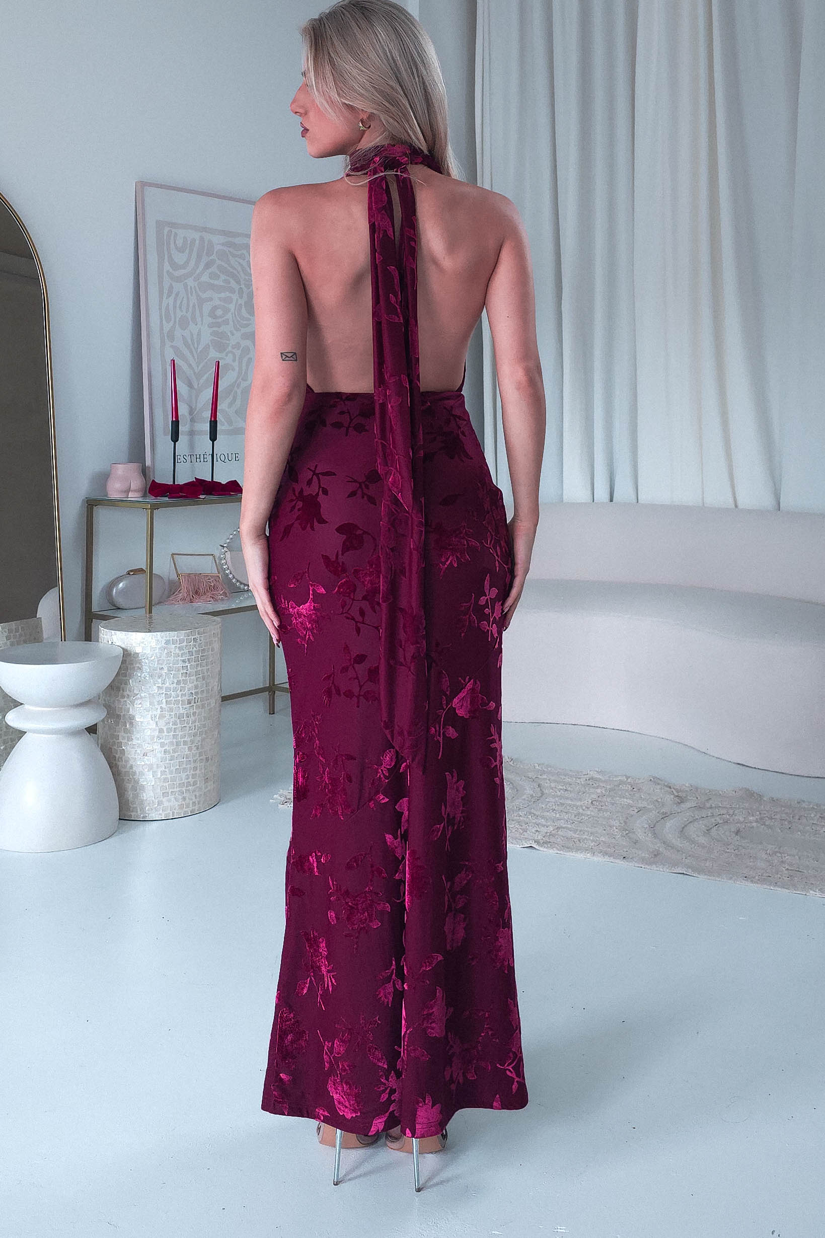 Tara Floral Jacquard Maxi Dress Wine | Wedding Guest Dress | Maxi | Oh Hello Clothing