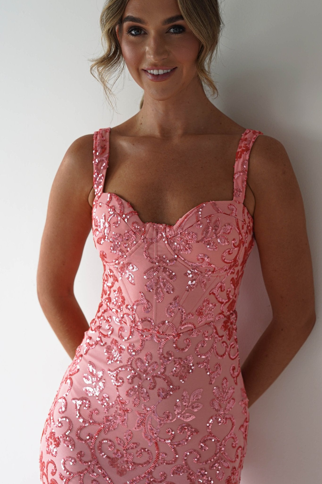 Taylor Embroidered Sequin Gown | Coral | Debs & Prom | Formal Gown | Oh Hello Clothing
