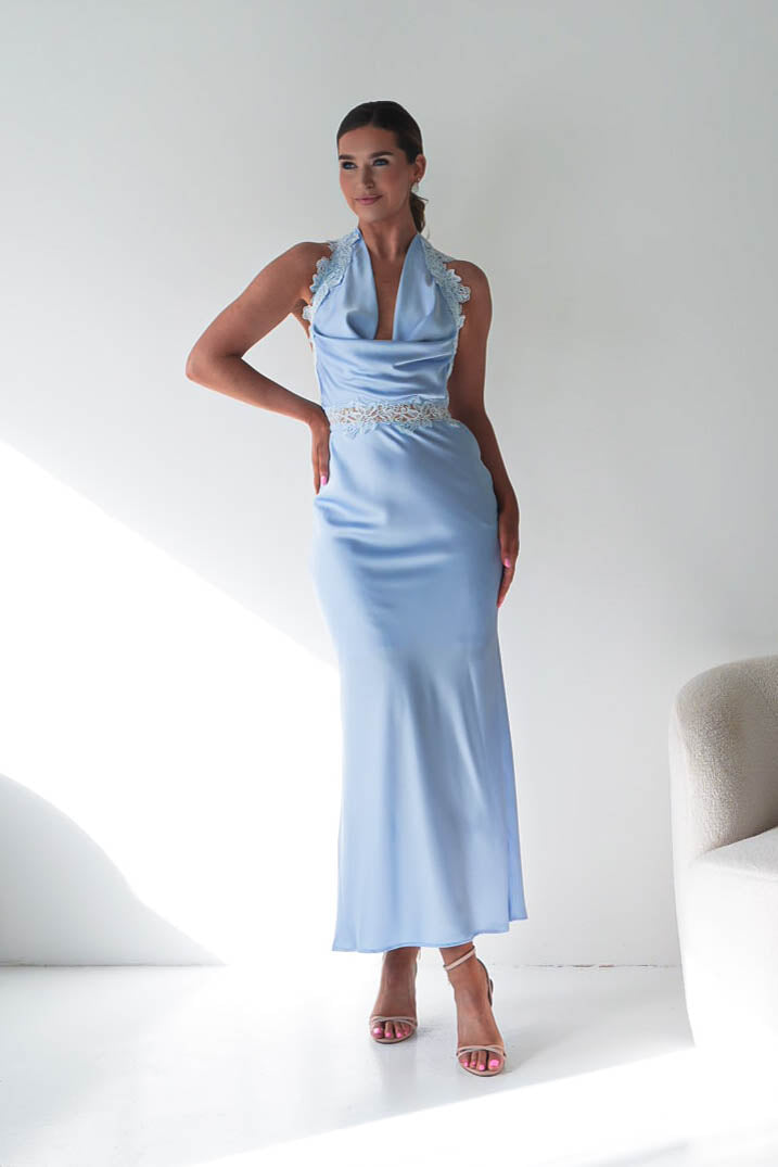 Oh Hello Clothing Women > Clothing > Dresses Tonya Halterneck Lace Detail Satin Maxi Dress | Blue
