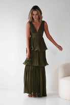 Vina Tiered Pleated Layered Maxi Dress Dark Olive | Wedding Guest Dress | Pleated Skirt | Maxi | Oh Hello Clothing