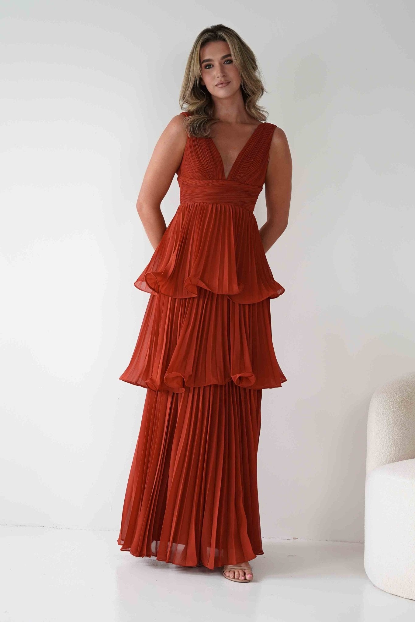 Vina Tiered Pleated Layered Maxi Dress Rust | Wedding Guest Dress | Pleated Skirt | Maxi | Oh Hello Clothing