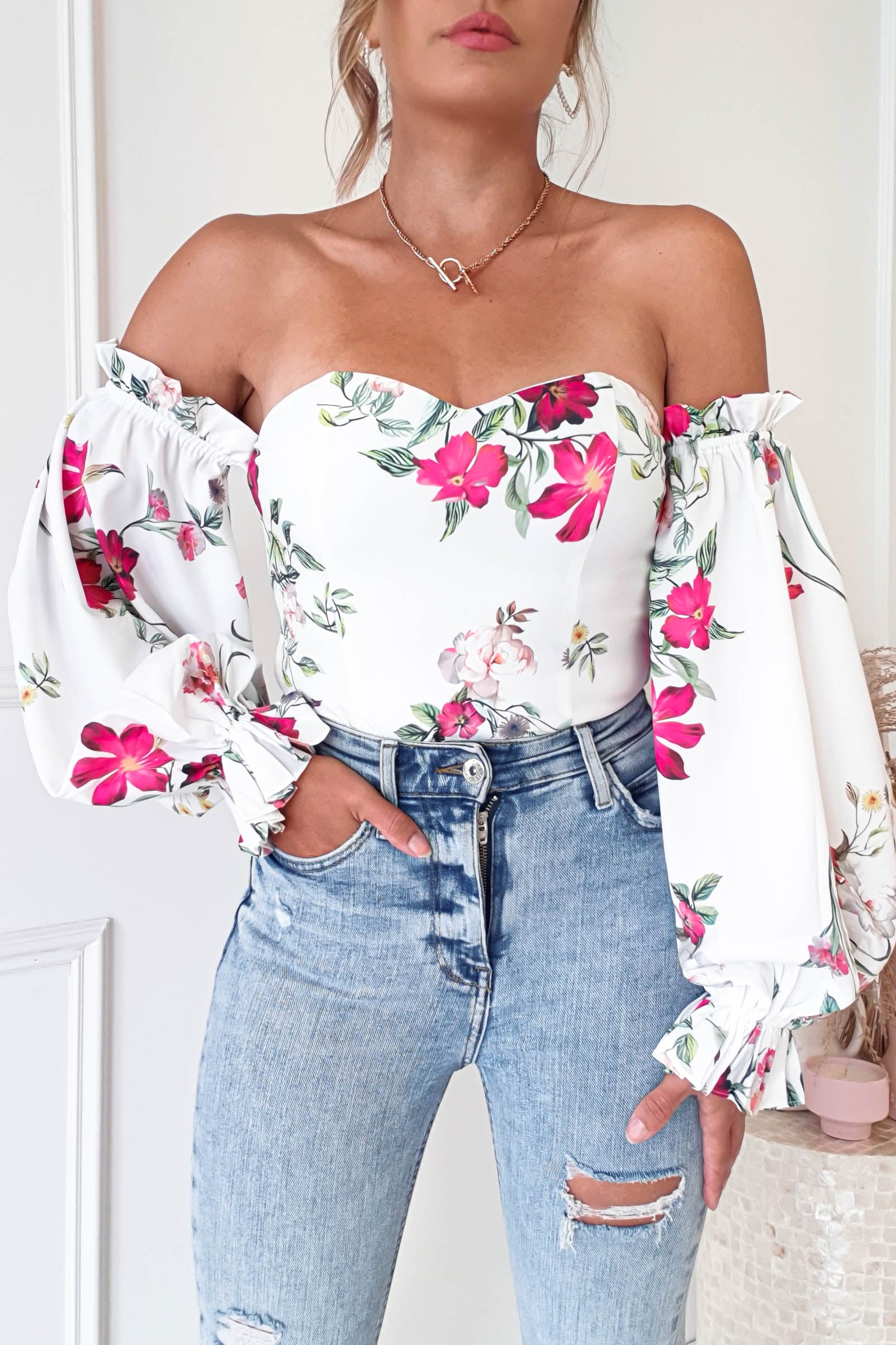 Shani Mixed Print Off-Shoulder Bodysuit | Oh Hello Clothing | Oh Hello Clothing